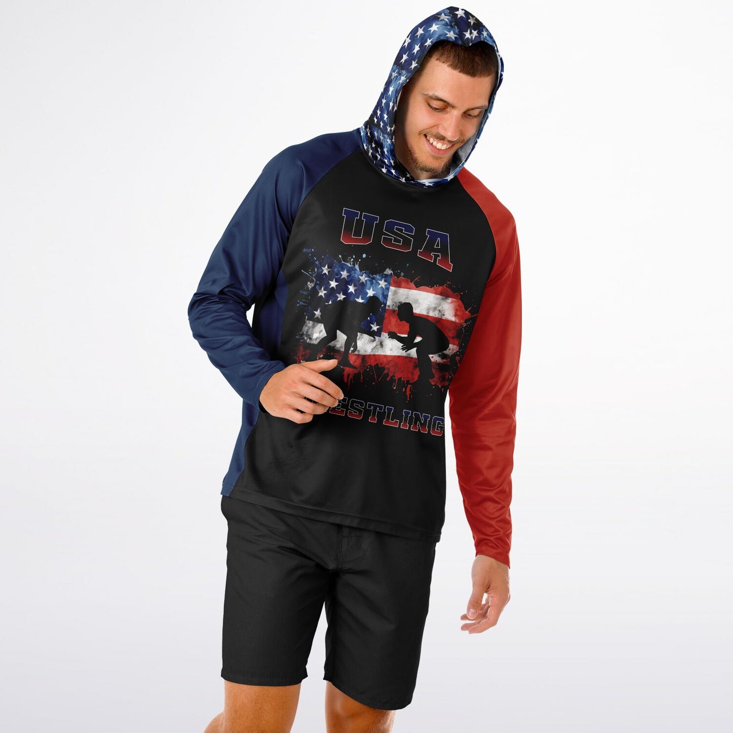 4Wrestlers Paint Splatter USA Flag Men's Long Sleeve Hooded Performance Shirt - AOP