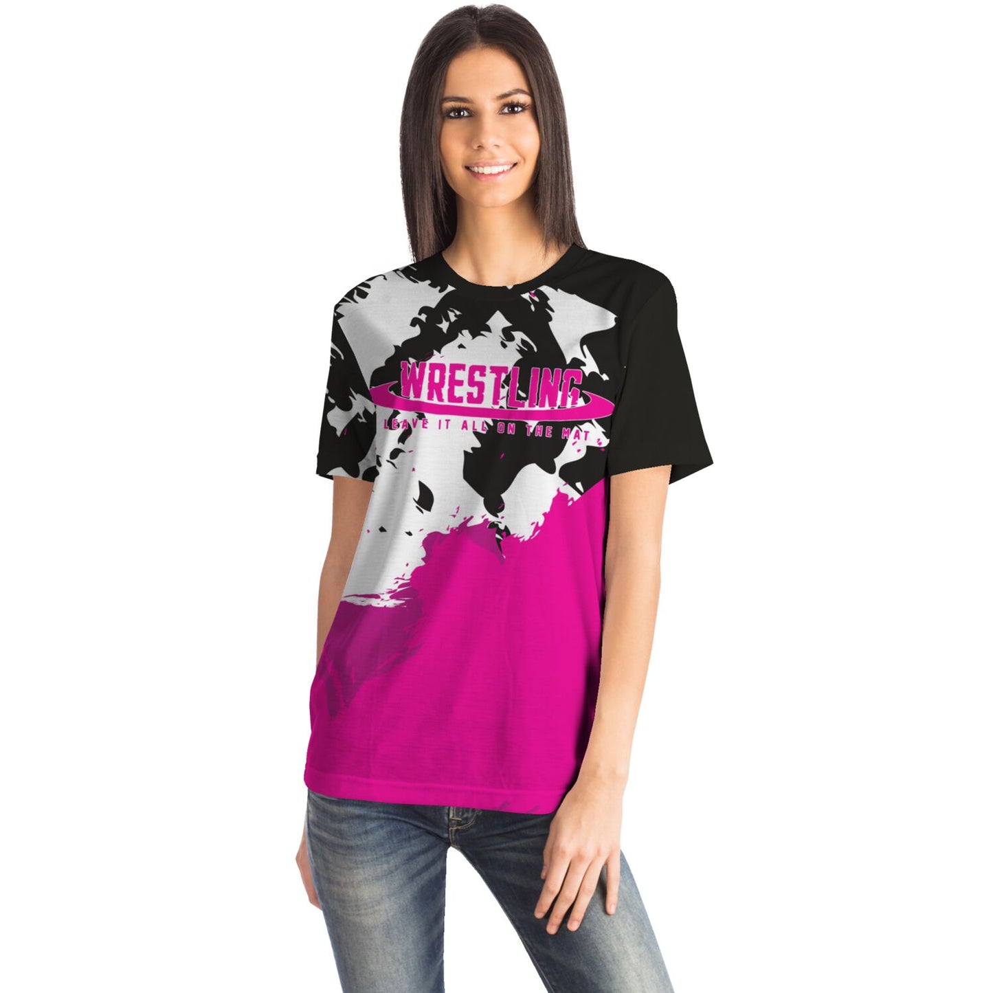 4Wrestlers Black, White, Pink Leave It On The Mat Sublimated Women's Wrestling T-shirt