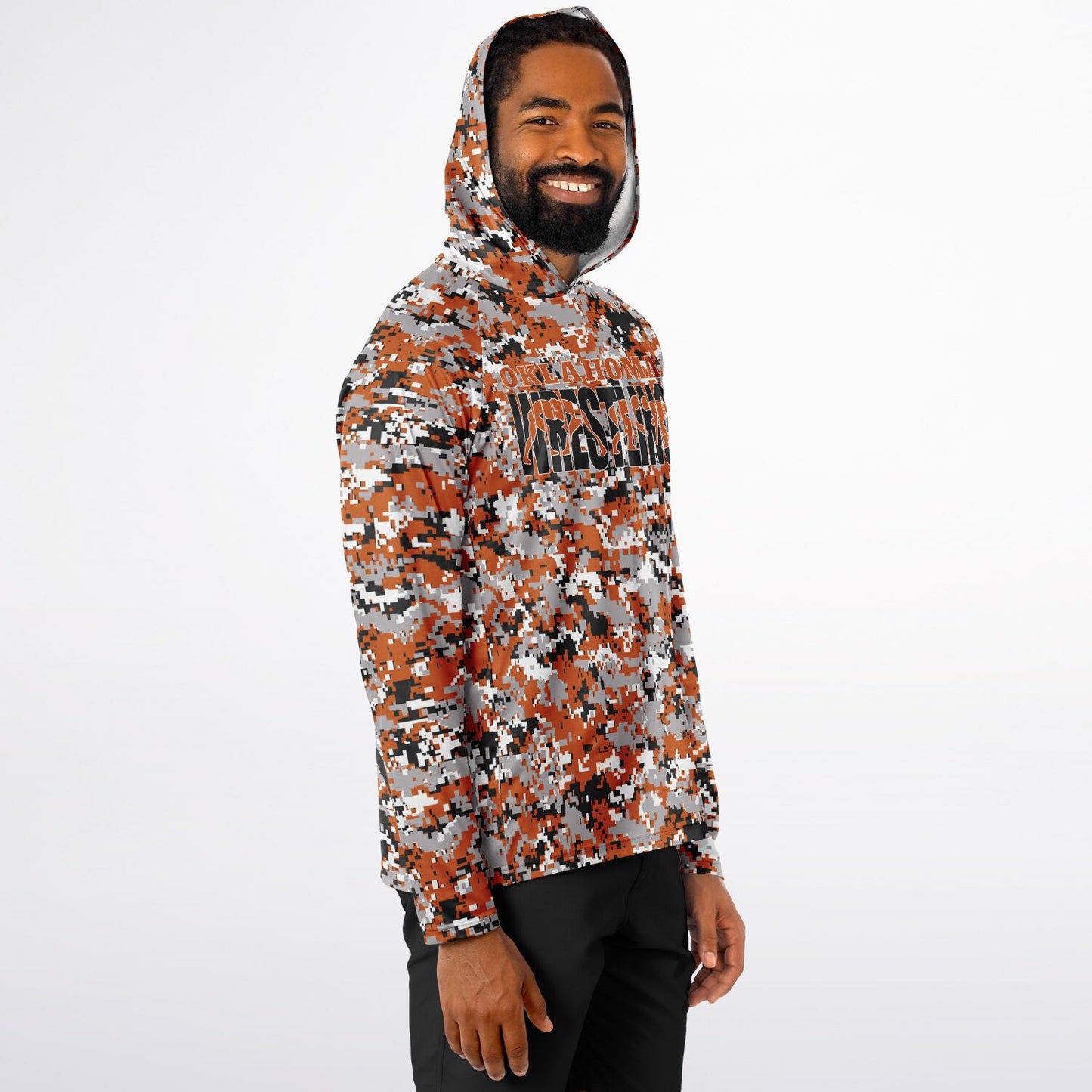 State of Oklahoma Wrestling Men's Wrestler Long Sleeve Hooded Performance Shirt - AOP Pixel Camo