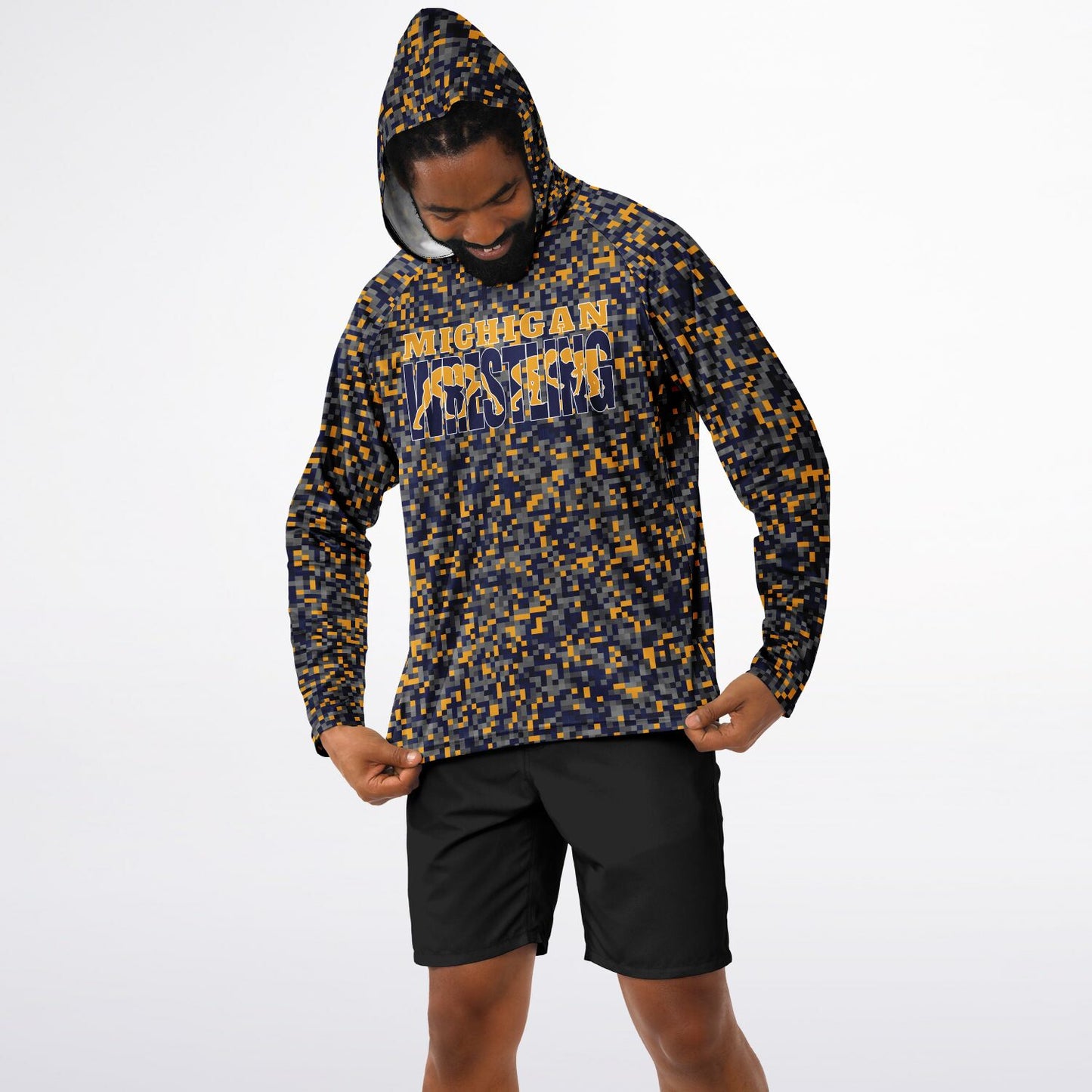 State of Michigan Wrestling Men's Wrestler Long Sleeve Hooded Performance Shirt - AOP Minecraft Camo