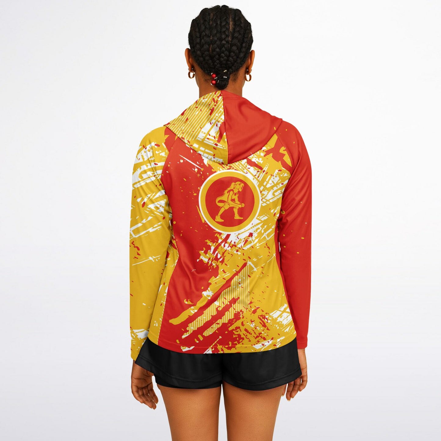4Wrestlers Pins Equals Wins Patriotic Women's Wrestling Long Sleeve Hooded Performance Shirt - AOP