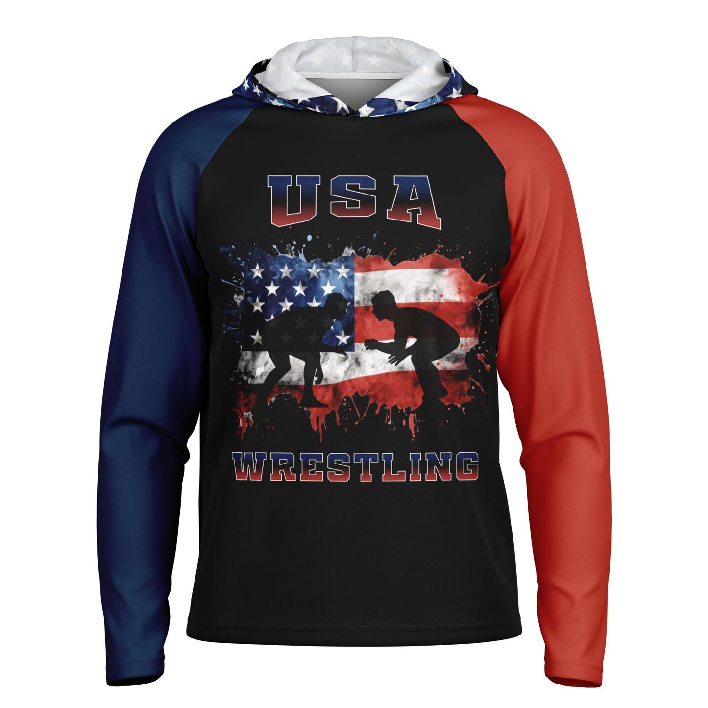 4Wrestlers Paint Splatter USA Flag Men's Long Sleeve Hooded Performance Shirt - AOP