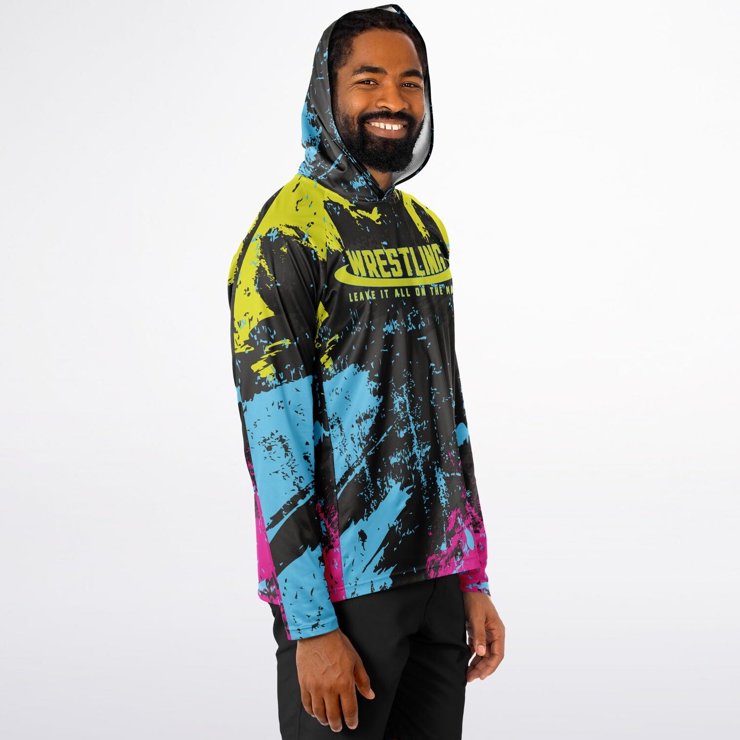 4Wrestlers Midnight Paint Splatter Men's Wrestling Long Sleeve Hooded Performance Shirt - AOP