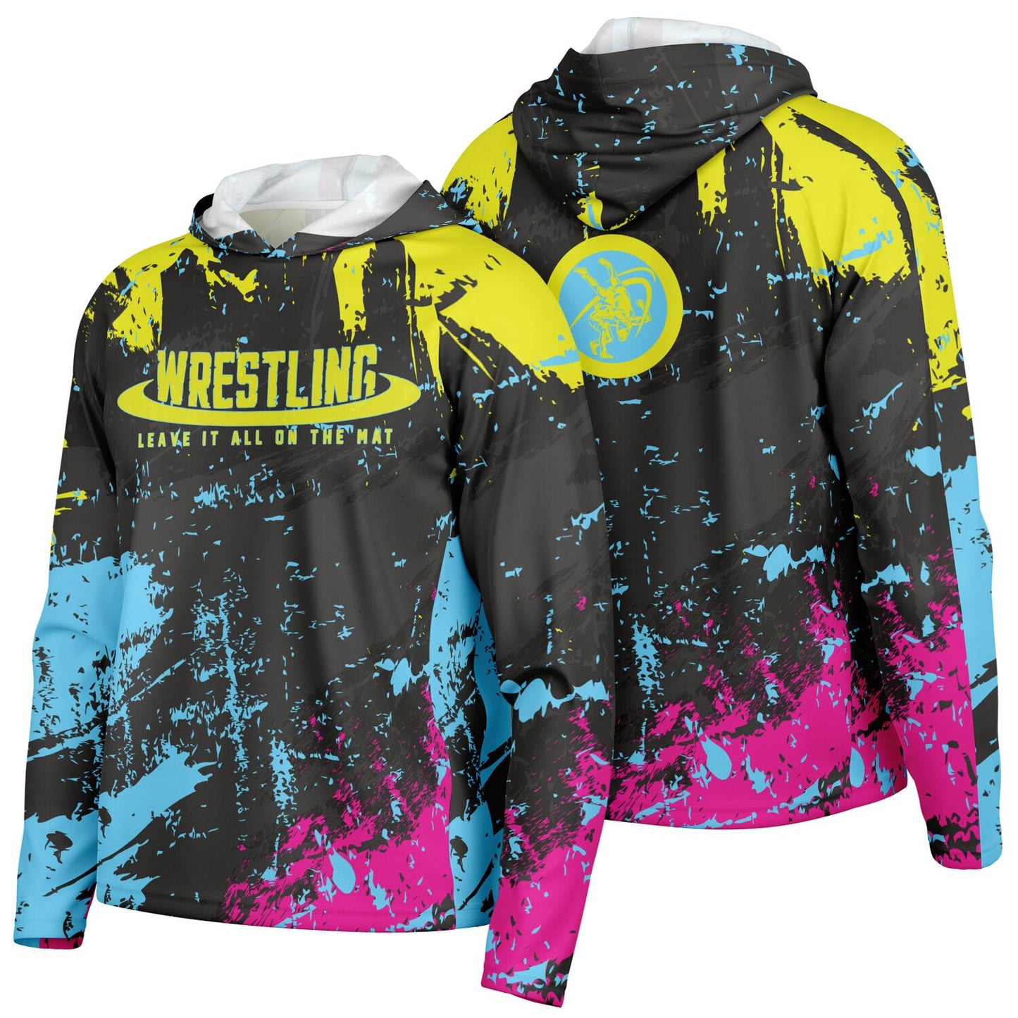 4Wrestlers Midnight Paint Splatter Men's Wrestling Long Sleeve Hooded Performance Shirt - AOP