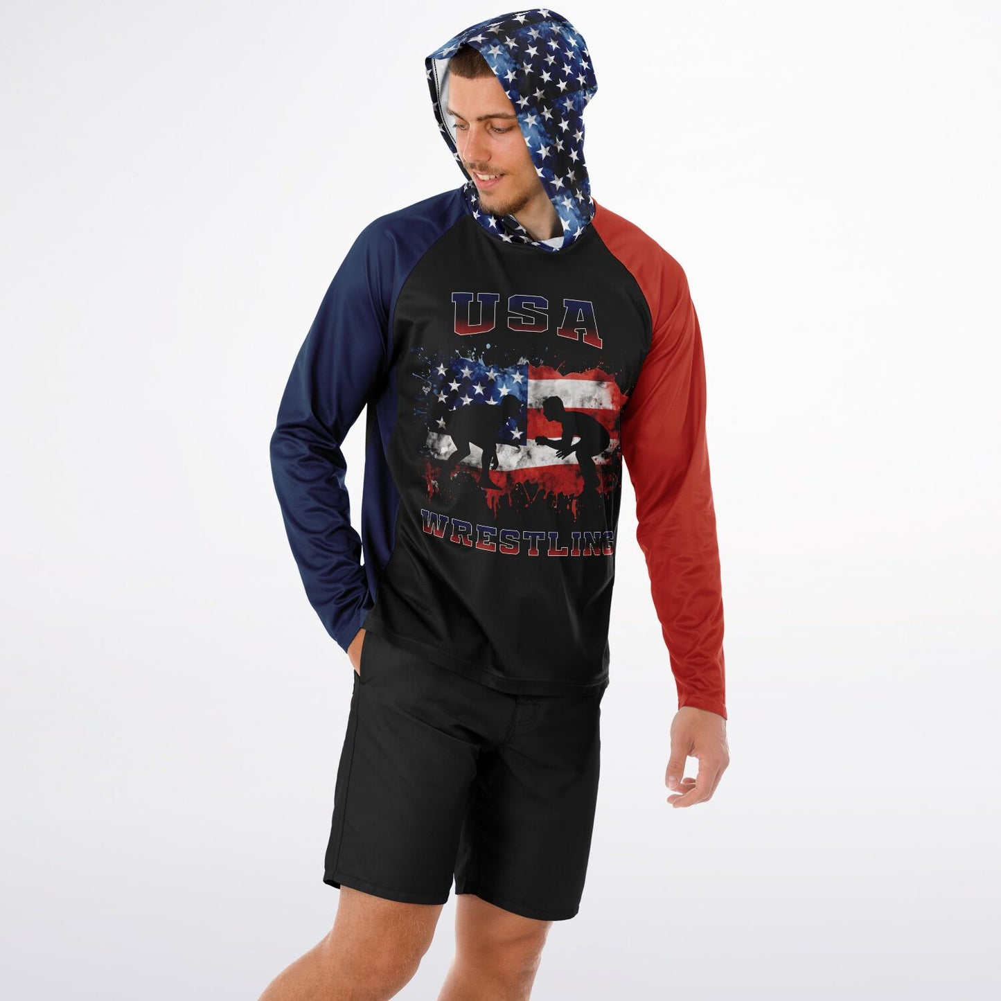4Wrestlers Paint Splatter USA Flag Men's Long Sleeve Hooded Performance Shirt - AOP