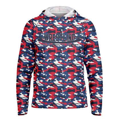 4Wrestlers Patriotic Camo Men's Long Sleeve Hooded Performance Shirt - AOP Sublimation