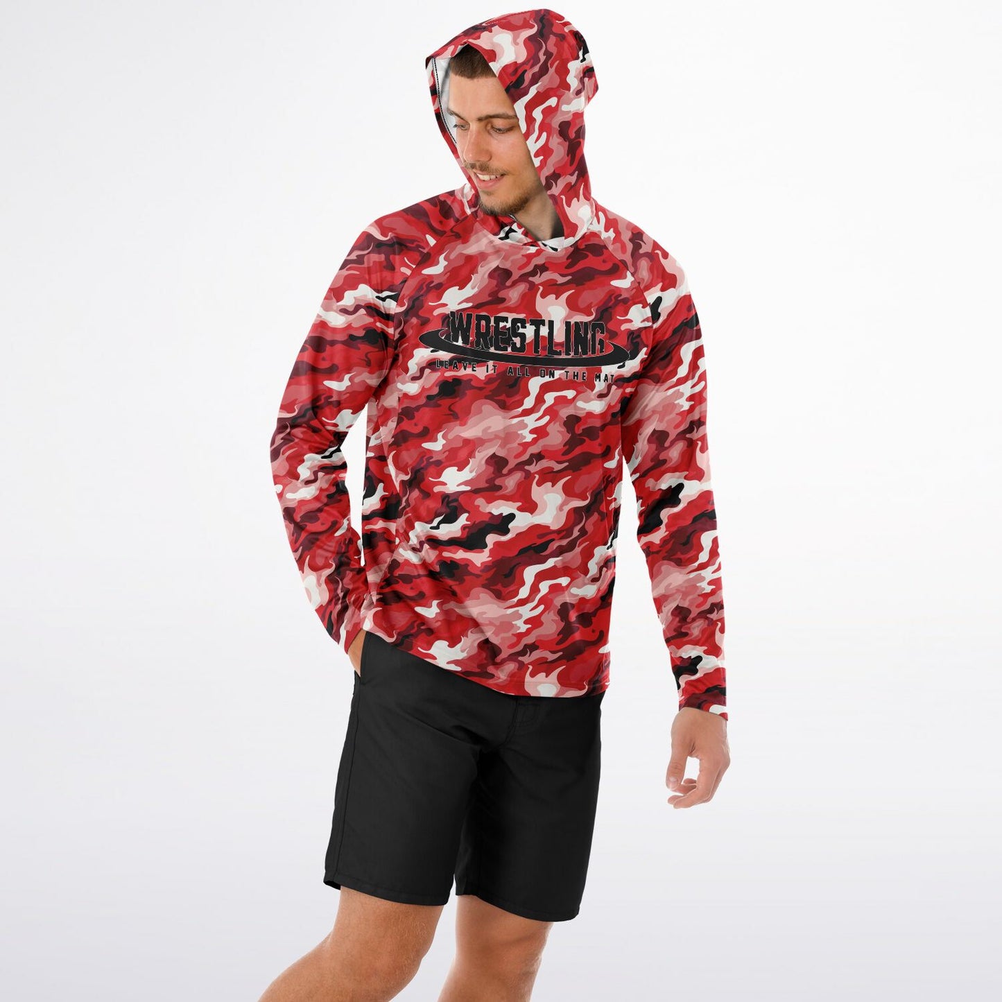 4Wrestlers Red Camouflage Men's Long Sleeve Hooded Performance Shirt - AOP Sublimation