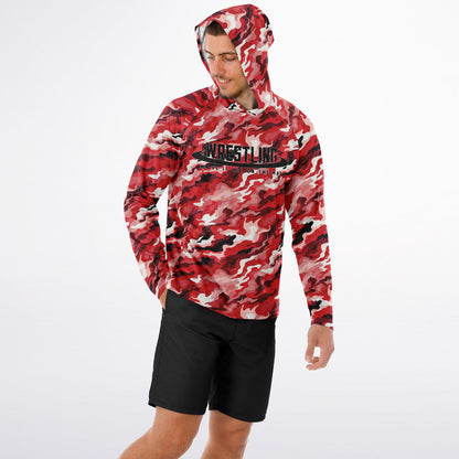4Wrestlers Red Camouflage Men's Long Sleeve Hooded Performance Shirt - AOP Sublimation