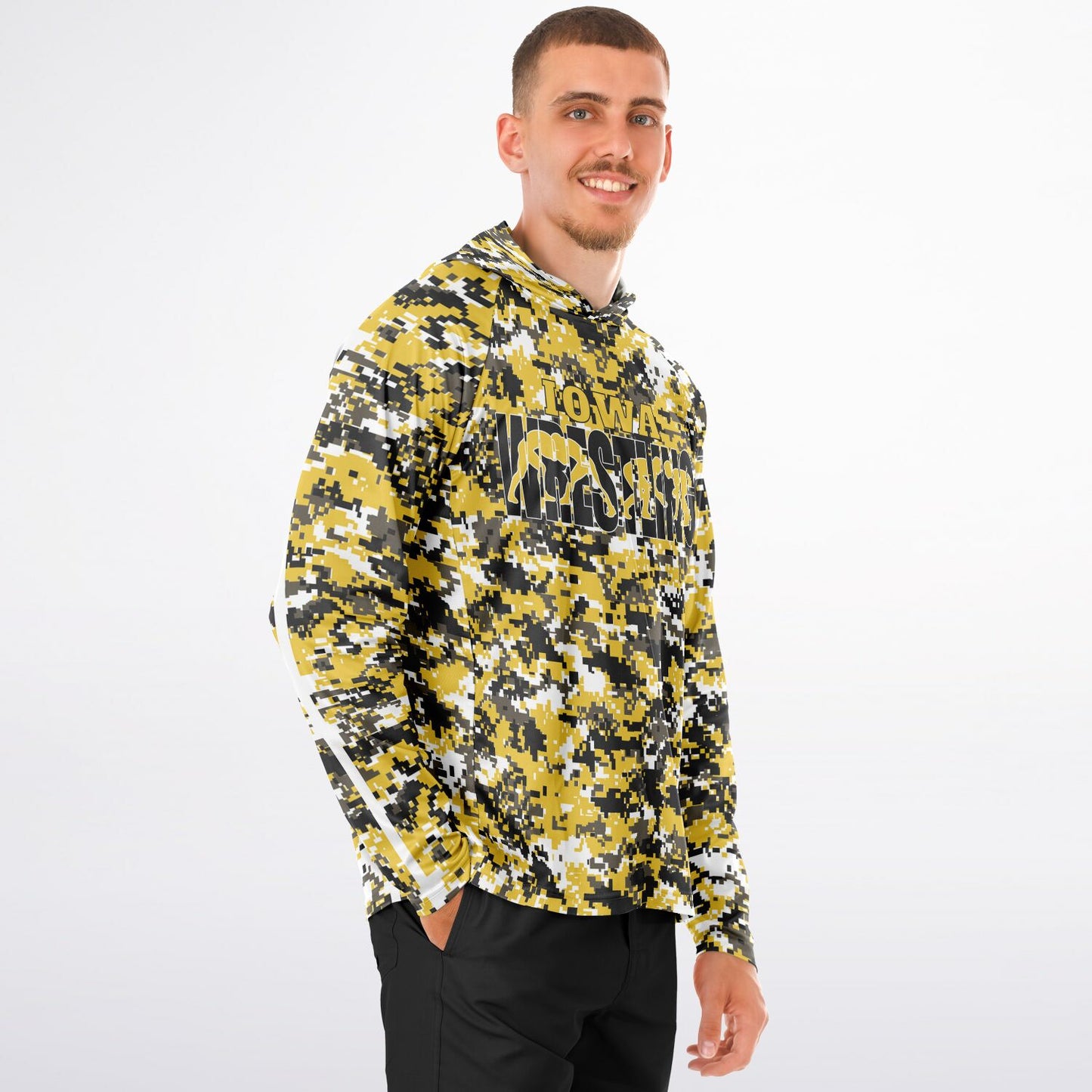State of Iowa Wrestling Men's Long Sleeve Hooded Performance Shirt - AOP Pixel Camo