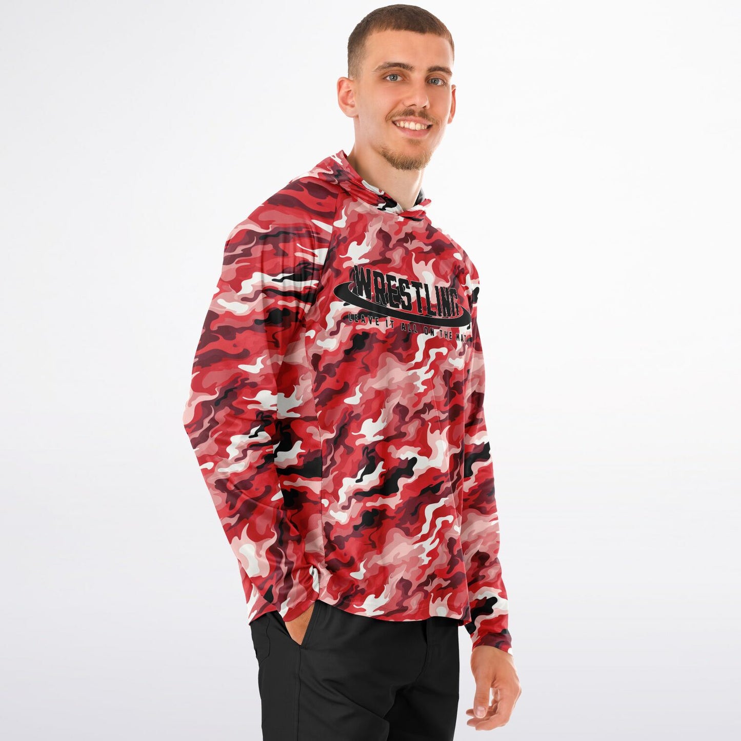 4Wrestlers Red Camouflage Men's Long Sleeve Hooded Performance Shirt - AOP Sublimation