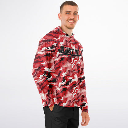 4Wrestlers Red Camouflage Men's Long Sleeve Hooded Performance Shirt - AOP Sublimation