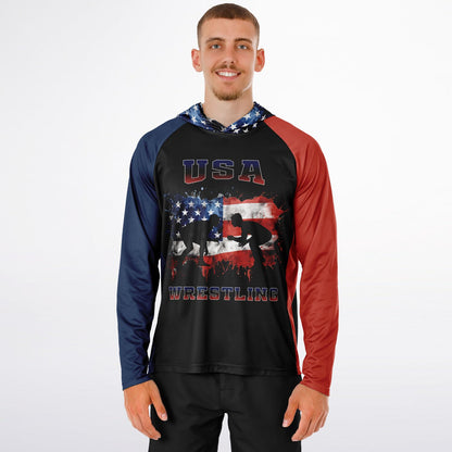 4Wrestlers Paint Splatter USA Flag Men's Long Sleeve Hooded Performance Shirt - AOP