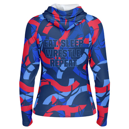 4Wrestlers Patriotic Abstract Women's Wrestling Long Sleeve Hooded Performance Shirt - AOP