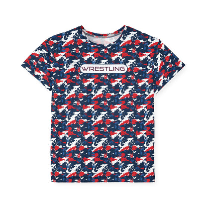 Kids Wrestling Sports Jersey - Red, White & Blue Camouflage Tee
