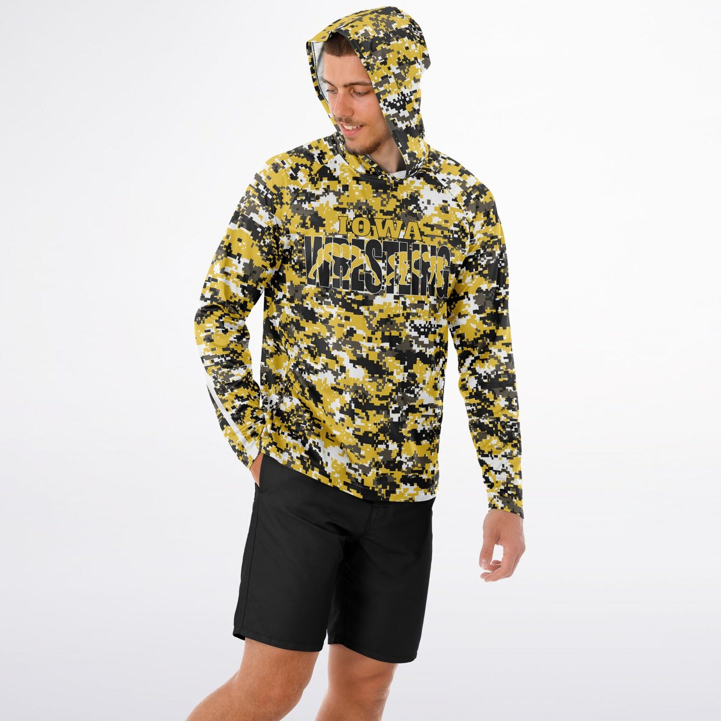 State of Iowa Wrestling Men's Long Sleeve Hooded Performance Shirt - AOP Pixel Camo