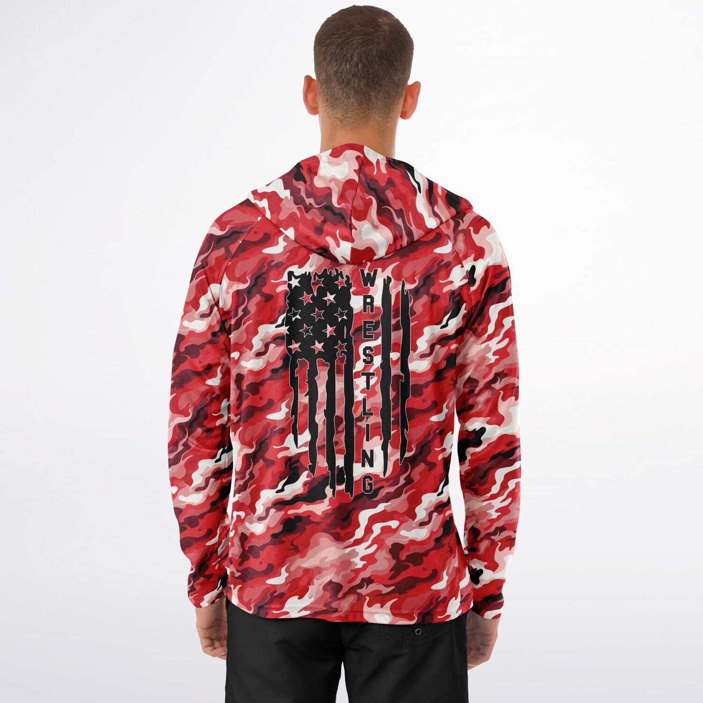 4Wrestlers Red Camouflage Men's Long Sleeve Hooded Performance Shirt - AOP Sublimation