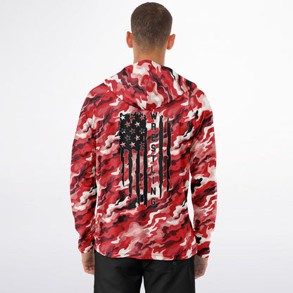 4Wrestlers Red Camouflage Men's Long Sleeve Hooded Performance Shirt - AOP Sublimation