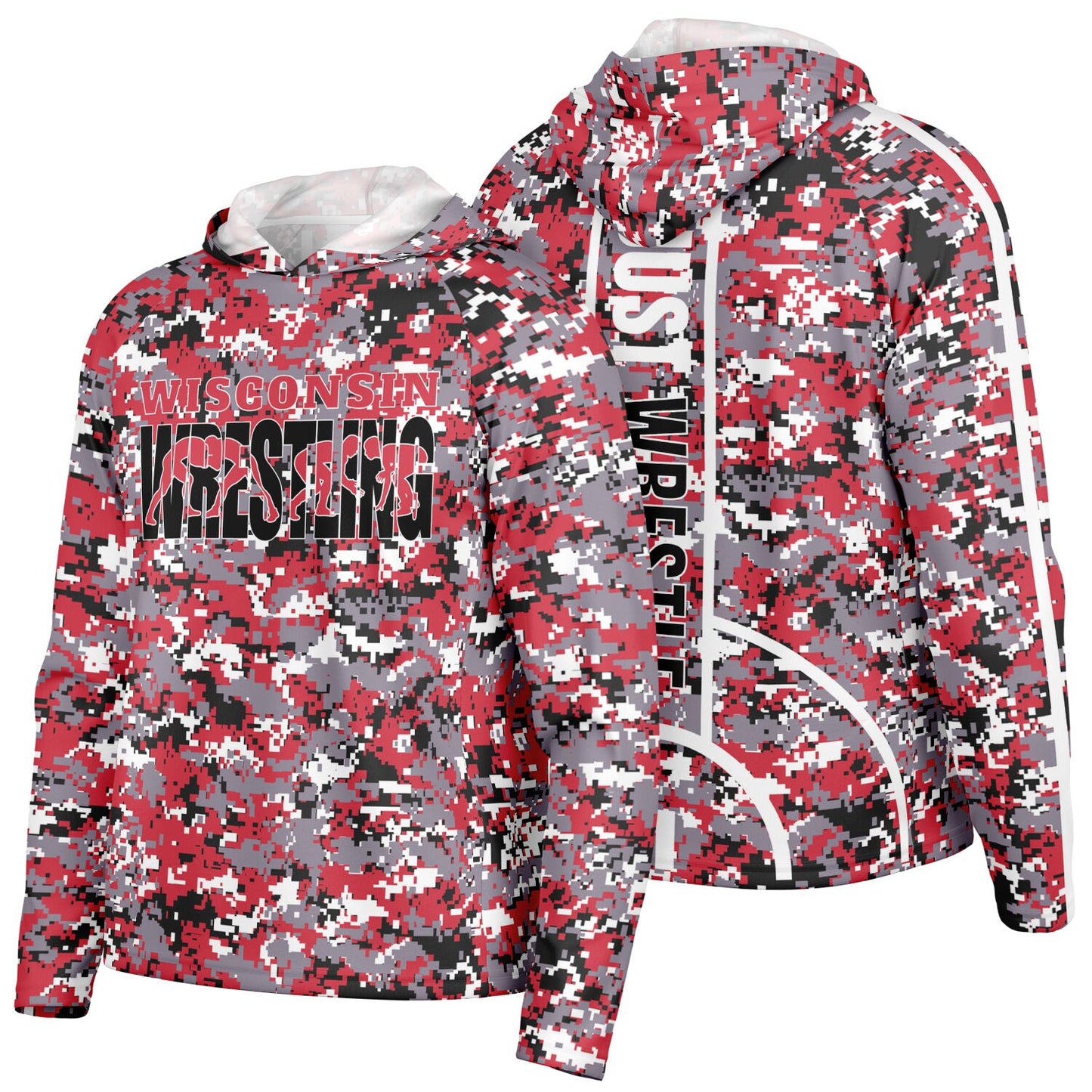 State of Wisconsin Wrestling Men's Wrestler Long Sleeve Hooded Performance Shirt - AOP Pixel Camo