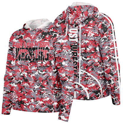 State of Wisconsin Wrestling Men's Wrestler Long Sleeve Hooded Performance Shirt - AOP Pixel Camo