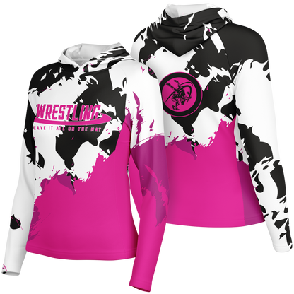 4Wrestlers Hot Pink Abstract Women's Wrestling Long Sleeve Hooded Performance Shirt - AOP