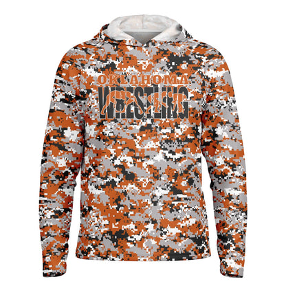 State of Oklahoma Wrestling Men's Wrestler Long Sleeve Hooded Performance Shirt - AOP Pixel Camo