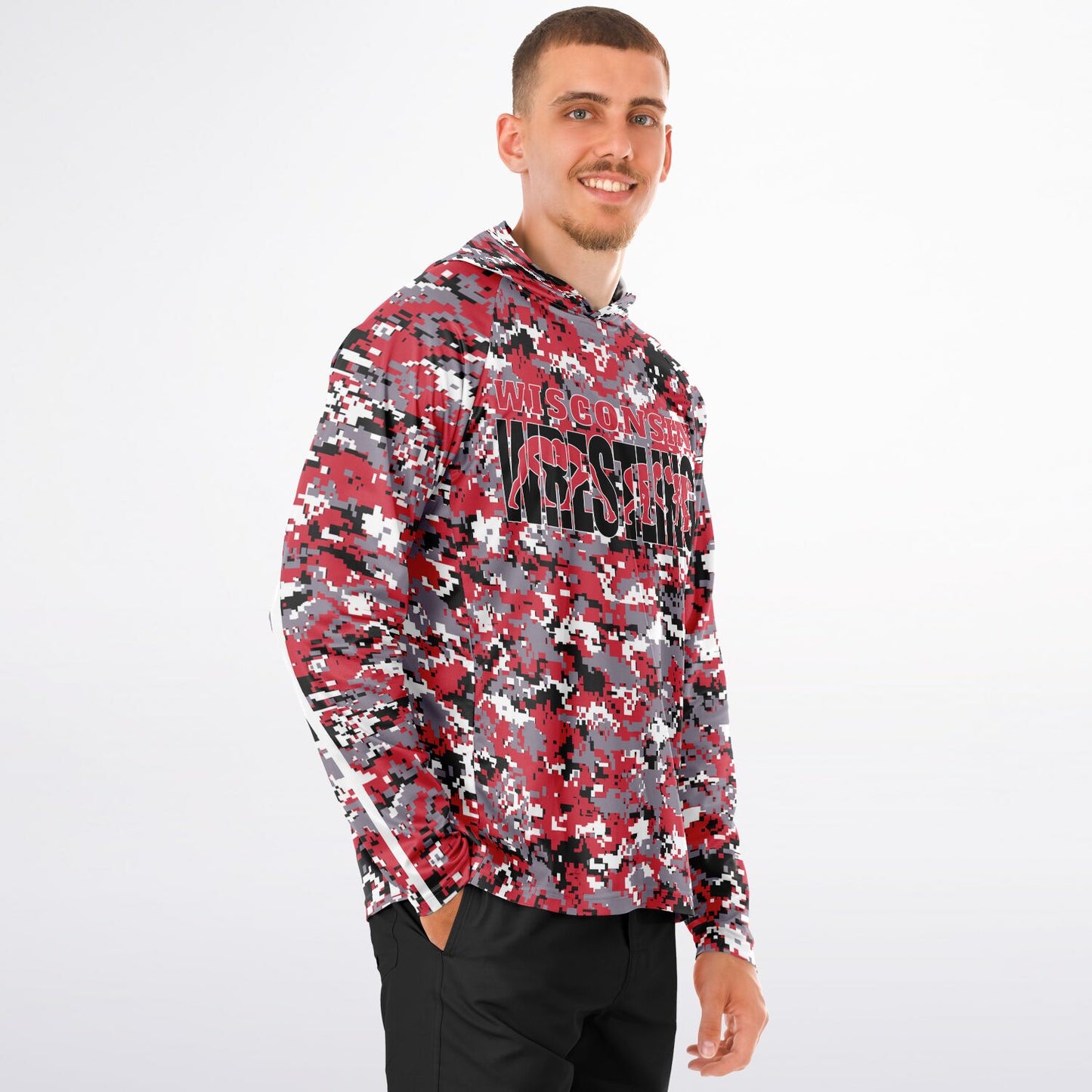 State of Wisconsin Wrestling Men's Wrestler Long Sleeve Hooded Performance Shirt - AOP Pixel Camo