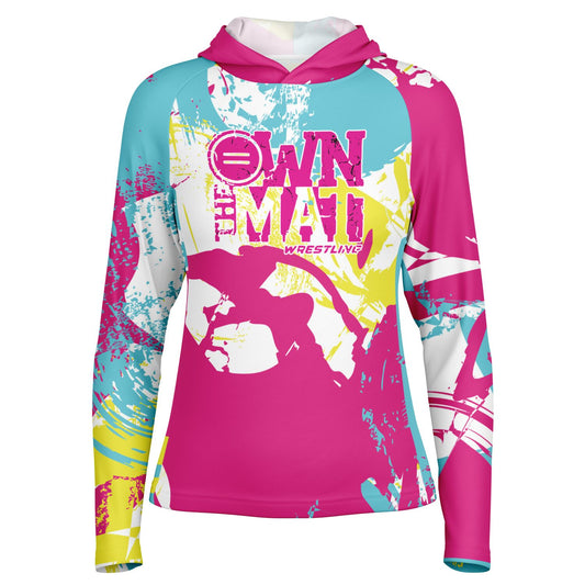 4Wrestlers Own the Mat Pink Splash Women's Wrestling Long Sleeve Hooded Performance Shirt - AOP