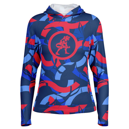 4Wrestlers Patriotic Abstract Women's Wrestling Long Sleeve Hooded Performance Shirt - AOP
