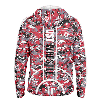 State of Wisconsin Wrestling Men's Wrestler Long Sleeve Hooded Performance Shirt - AOP Pixel Camo