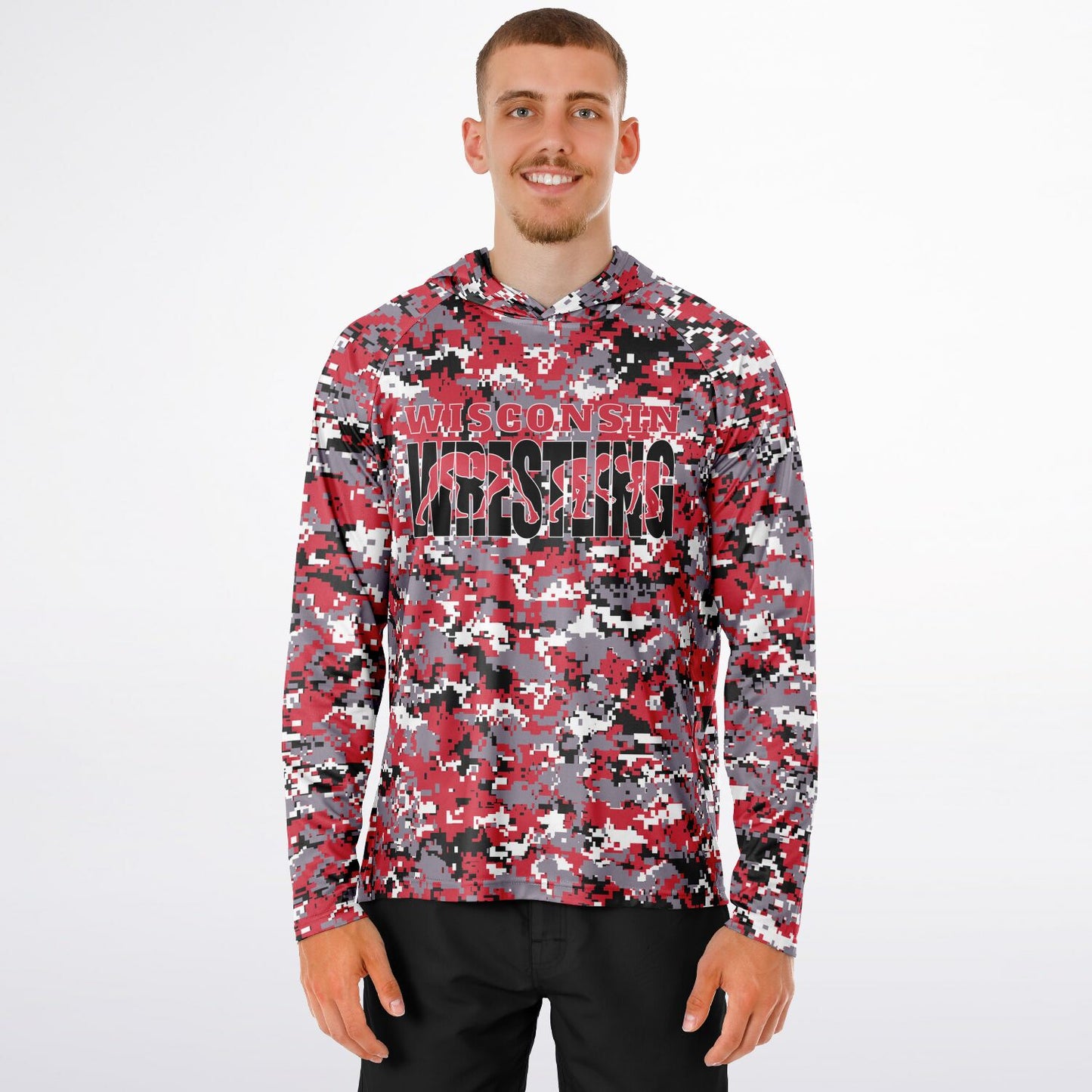 State of Wisconsin Wrestling Men's Wrestler Long Sleeve Hooded Performance Shirt - AOP Pixel Camo