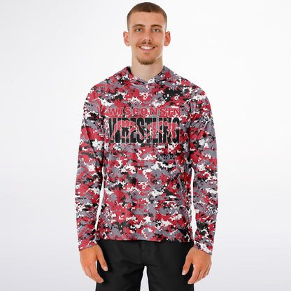 State of Wisconsin Wrestling Men's Wrestler Long Sleeve Hooded Performance Shirt - AOP Pixel Camo