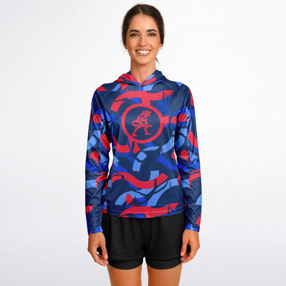 4Wrestlers Patriotic Abstract Women's Wrestling Long Sleeve Hooded Performance Shirt - AOP