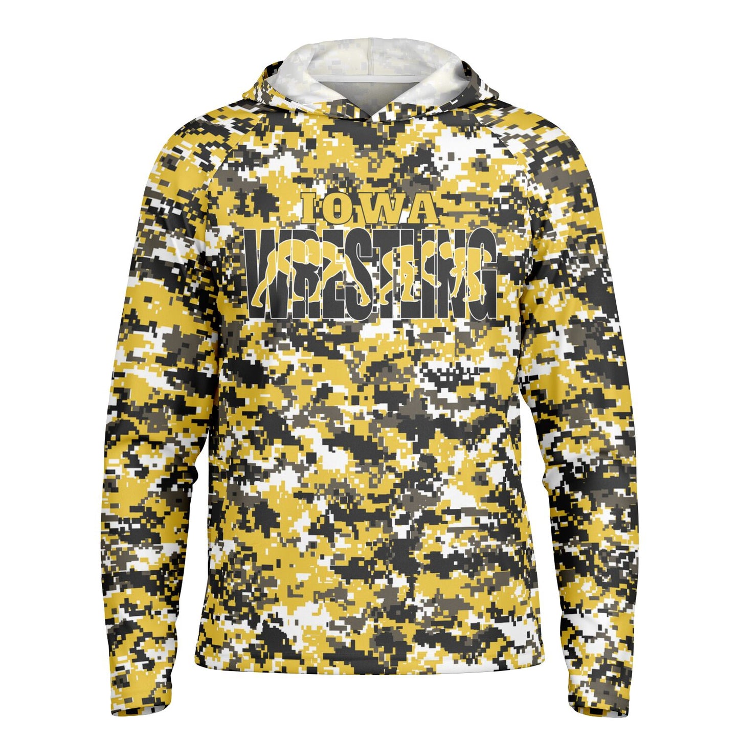 State of Iowa Wrestling Men's Long Sleeve Hooded Performance Shirt - AOP Pixel Camo