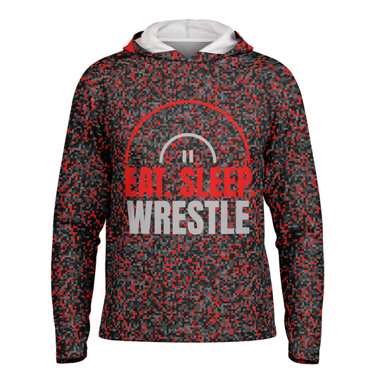Eat Sleep Ohio Wrestling Men's Long Sleeve Hooded Performance Wrestler Shirt - AOP Minecraft Camo