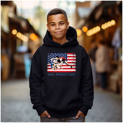 USA Wrestle Flag Wrestling Team Attire Wrestler Boys Gift Youth Hoodie Heavy Blend Hooded Sweatshirt