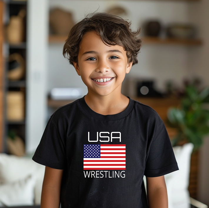 Wrestle USA American Flag Wrestler Youth Freestyle Wrestling T-Shirt Kids Wrestler Tee