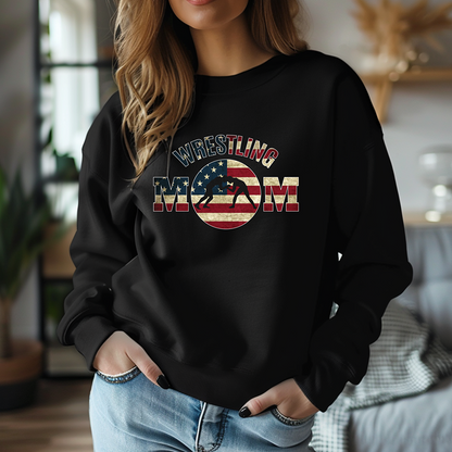 Wrestling Mom USA Flag Themed Moms of Wrestlers Warm Cozy Comfortable Unisex Crewneck Sweatshirt