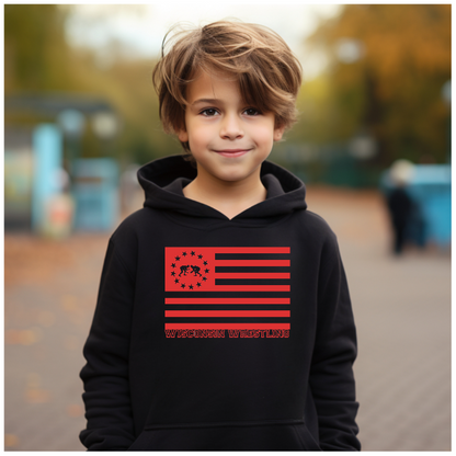 USA Flag Wrestler Badger State Tween Wisconsin Wrestling Youth Hoodie Heavy Blend Hooded Sweatshirt