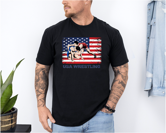 Patriotic USA Wrestle Flag Wrestling Team Unisex Softstyle Freestyle Wrestling T-Shirt Gender Neutral Tee