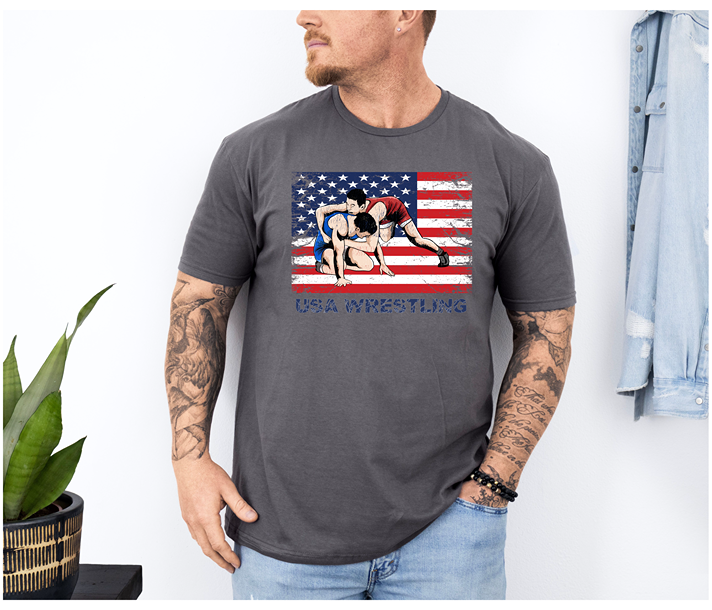 Patriotic USA Wrestle Flag Wrestling Team Unisex Softstyle Freestyle Wrestling T-Shirt Gender Neutral Tee