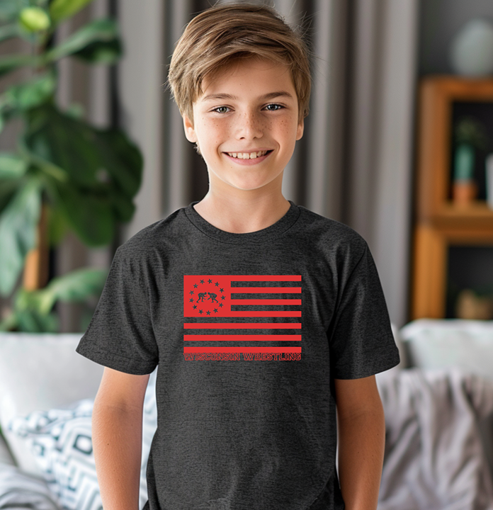 USA Flag Wrestler Badger State Fan Wisconsin Wrestling Youth Freestyle Wrestling T-Shirt Kids Wrestler Tee