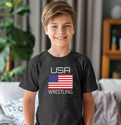 Wrestle USA American Flag Wrestler Youth Freestyle Wrestling T-Shirt Kids Wrestler Tee