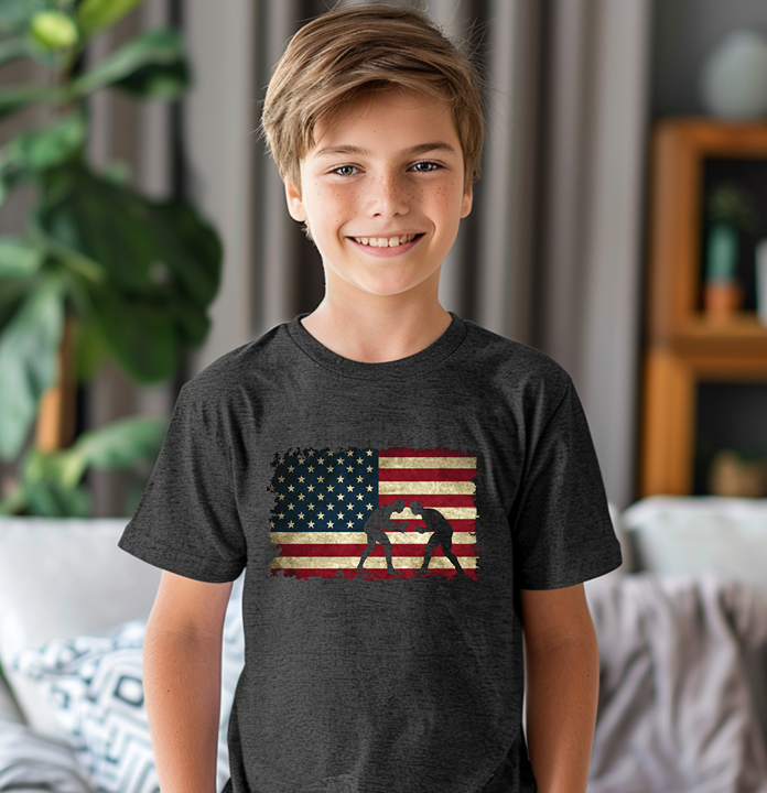 Wrestling American Flag Inspired Gift for a Wrestler Youth Freestyle Wrestling T-Shirt Kids Wrestler Tee