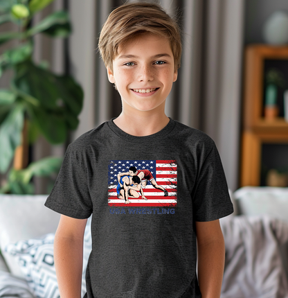 USA Wrestle Flag Wrestling Team Wrestler Youth Freestyle Wrestling T-Shirt Kids Wrestler Tee