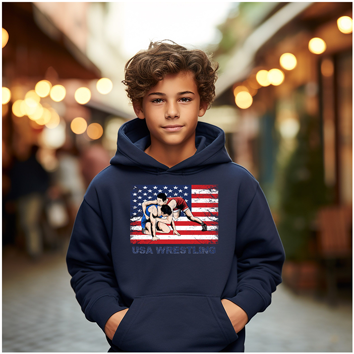 USA Wrestle Flag Wrestling Team Attire Wrestler Boys Gift Youth Hoodie Heavy Blend Hooded Sweatshirt