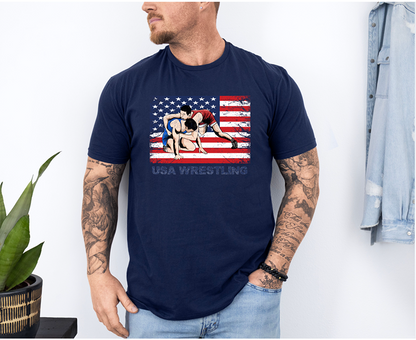 Patriotic USA Wrestle Flag Wrestling Team Unisex Softstyle Freestyle Wrestling T-Shirt Gender Neutral Tee