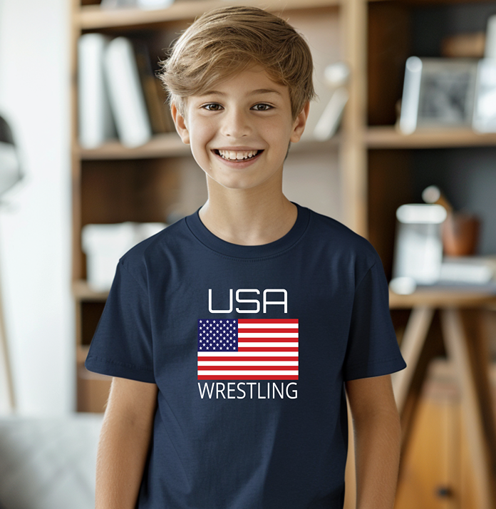 Wrestle USA American Flag Wrestler Youth Freestyle Wrestling T-Shirt Kids Wrestler Tee