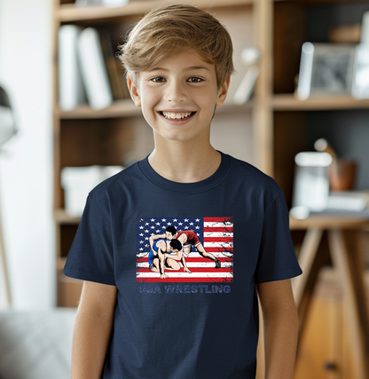 USA Wrestle Flag Wrestling Team Wrestler Youth Freestyle Wrestling T-Shirt Kids Wrestler Tee