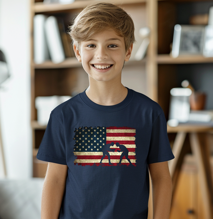 Wrestling American Flag Inspired Gift for a Wrestler Youth Freestyle Wrestling T-Shirt Kids Wrestler Tee