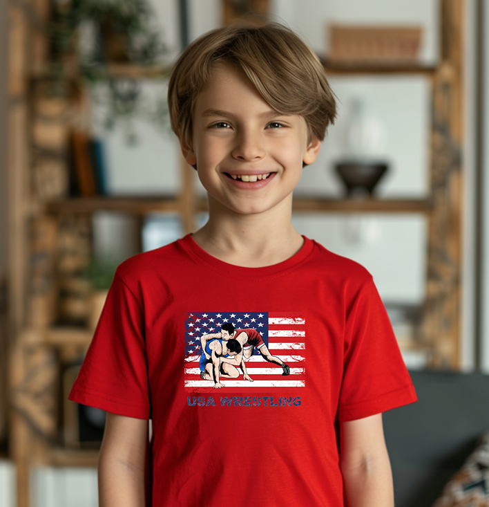 USA Wrestle Flag Wrestling Team Wrestler Youth Freestyle Wrestling T-Shirt Kids Wrestler Tee